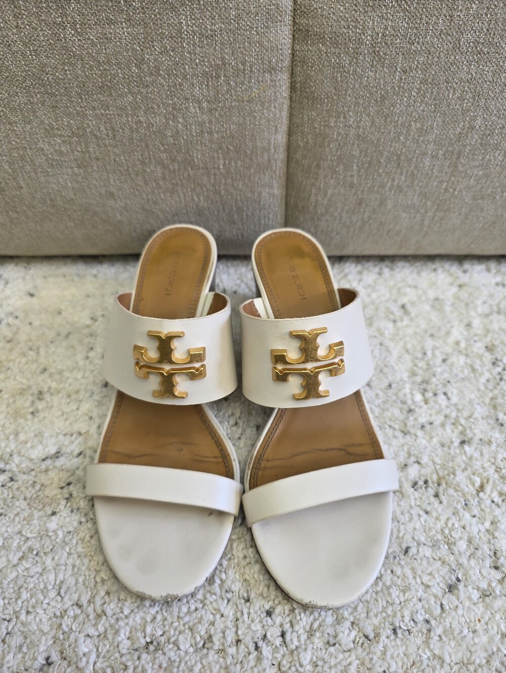 Tory Burch 9.5 White Leather Slide Sandals with Gold Logo